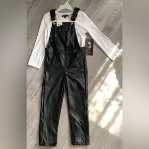 Girls Faux Leather Overalls with Long Sleeve Top